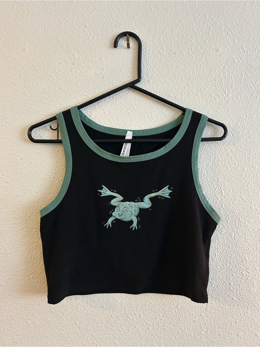 Dangerfield Black Crop Tank with Green Trim and Frog Graphic